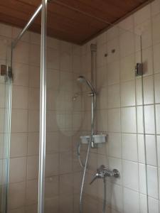 een douche met een glazen deur in de badkamer bij Ferienwohnung am Kirschbaum in Uhldingen-Mühlhofen