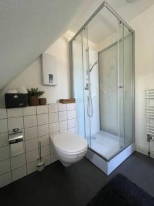a bathroom with a glass shower and a toilet at Gemütliche, helle Wohnung in Paderborn in Paderborn