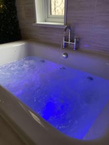 a bath tub filled with blue water with a faucet at Inviting 1-Bed House in Bradford in Bradford