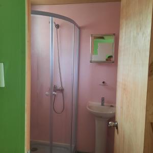 La salle de bains est pourvue d'une douche et d'un lavabo. dans l'établissement Hospedaje La ruta Los Angeles, à Los Ángeles