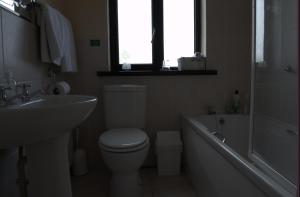a bathroom with a toilet and a tub and a sink at Old Orchard Lodge B&B in Rosslare