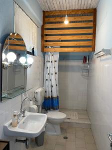 y baño con aseo y lavamanos. en Villa Lochia - Καλημέρι, en Elafopídima