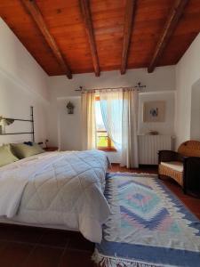 a bedroom with a bed and a window and a rug at Helicon Muses Friendly Mountain B&B Guesthouse in Evangelístria