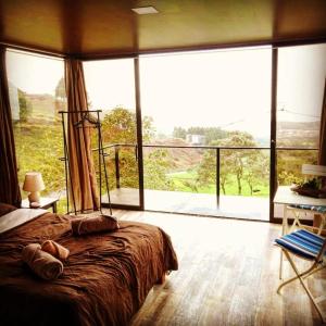 ein Schlafzimmer mit einem großen Bett und einem großen Fenster in der Unterkunft Cabina Las Nubes in Quesada