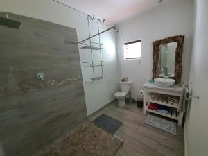 Plett57 - Self Catering - Room No1 في بليتنبيرغ باي: حمام مع حوض ومرحاض ومرآة