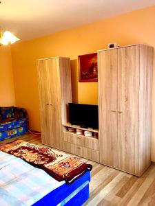a bedroom with wooden cabinets and a flat screen tv at Barbara Apartmanház in Kehidakustány