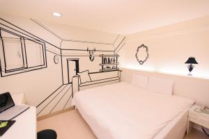 a drawing of a bedroom with a white bed at Kiwi Express Hotel - Zhong Zheng Branch in Taichung
