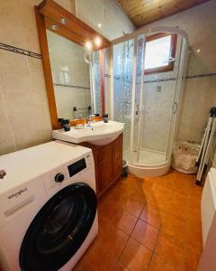 eine Waschmaschine im Bad mit einem Waschbecken und einer Dusche in der Unterkunft Appartement rénové à 200m de la plage + garage in Embrun