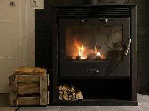 a fireplace with a fire in it in a room at Ferienhaus Quell in Sankt Martin