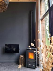 a living room with a fireplace and a tv at Nieuw! Sfeervol Tiny House in de natuur en aan het water in Hulshorst