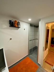 baño con ducha y puerta de cristal en Gemütliche möblierte Souterrain Wohnung, en Hannover