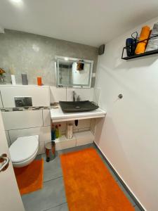 baño con aseo y lavamanos con alfombra naranja en Gemütliche möblierte Souterrain Wohnung, en Hannover