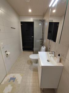 La salle de bains est pourvue d'un lavabo, de toilettes et d'un miroir. dans l'établissement Kanervikko, à Kalajoki