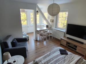 a living room with a couch and a table with a television at Ubytování Javor in Pec pod Sněžkou