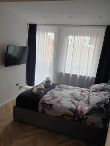 a bedroom with a bed and a flat screen tv at Modern Apartment in Opole