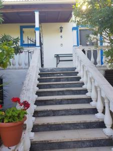 un conjunto de escaleras delante de una casa con flores en Villa Archontou, en Agios Georgios Pagon 59 fotos más