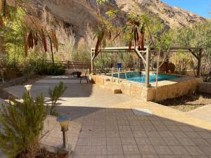a swimming pool in the middle of a garden at Afra Hot Springs Chalets in Tufailah