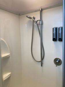 a shower in a bathroom with a glass door at Gisborne Dream Suite in Gisborne