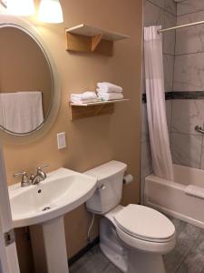 a bathroom with a toilet and a sink and a shower at Riviera Motel in Mackinaw City