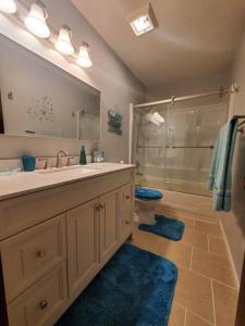 a bathroom with a sink and a shower and a toilet at Cozy Indy Home in Indianapolis