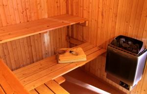 a sauna with a wooden shelf and a stove at Schwedentraum Varpstugan in Kisa