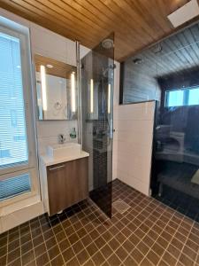 un baño con lavabo y ducha en Timantti B13, en Kalajoki