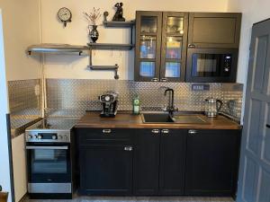 a kitchen with black cabinets and a sink at Penzio Ostrava in Ostrava