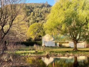 une maison blanche avec un arbre et un étang dans l'établissement Mkomazana Mountain Cottages, à Himeville