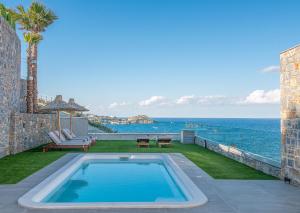 a swimming pool on a lawn next to the ocean at Ligaria Mare in Agia Pelagia