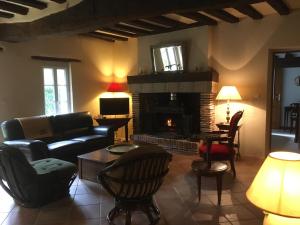 a living room with a couch and a fireplace at La Ferme de Montboulan in Salbris