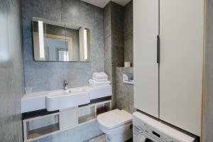 聖彼得堡的住宿－Apart-hotel YE'S Marata，一间带水槽、卫生间和镜子的浴室