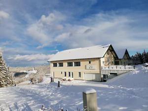 una casa en la nieve con un patio cubierto de nieve en Gästehaus Hebalm, Family & Friends auf 900 m2 Wohnfläche erleben, Alleinnutzung möglich, en Pack