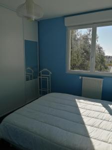 een blauwe slaapkamer met een groot bed en een raam bij Réter in Aytré