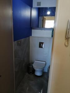 een badkamer met een toilet en een blauwe muur bij Réter in Aytré