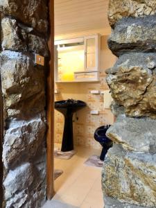 a bathroom with a sink and a stone wall at affittacamere 7nani in Barrea