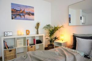 ein Schlafzimmer mit einem Bett und einem Bücherregal in der Unterkunft Gemütliche Ferienwohnung in ruhiger Lage in Dresden