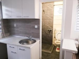 La petite salle de bains est pourvue d'un lavabo et de toilettes. dans l'établissement Sobe Jovan, à Sokobanja