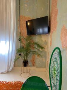 テッサロニキにあるTrilogy Experimentalの植物と椅子を備えた壁掛けテレビ