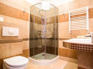 een badkamer met een douche, een toilet en een wastafel bij Hotel Stara Garbarnia in Wrocław