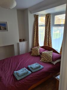 ノッティンガムにあるBramblhenのベッドルーム1室(紫色のベッド1台、枕付)、窓が備わります。