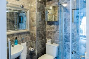 uma casa de banho com um WC, um lavatório e um chuveiro em The Duplex by Pureserviced em Plymouth