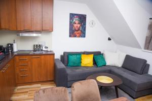 a living room with a couch and a kitchen at Apartman Lily in Brzeće