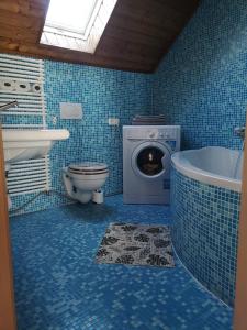 a blue bathroom with a toilet and a washing machine at Szigeti Apartmanház in Pécs