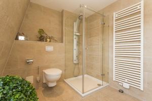 a bathroom with a toilet and a glass shower at Kapitänshaus Roseney in Norderney +7 photos