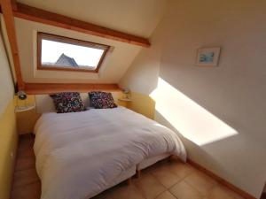 1 dormitorio con 1 cama en un ático con ventana en Gîte de l'Hirondelle bleue, en Brech