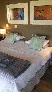 a bedroom with a large bed with two pillows at Daisy Tree Cottage in Oudtshoorn