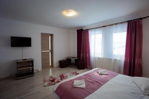 1 dormitorio con 1 cama grande y TV en Pensiunea Valurile Bistritei en Vatra Dornei