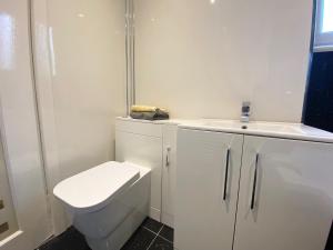 Un baño blanco con inodoro y lavabo. en Gladsmuir House, en Glasgow 30 fotos más