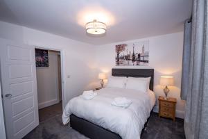 プリマスにあるThe Westminster Suiteのベッドルーム(白いベッド1台、ランプ2つ付)