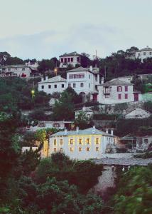 a group of buildings on a hill with trees at Archontiko Evridikis in Vitsa